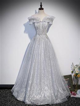 Picture of Sliver-Grey Shiny Tulle Off Shoulder  Formal Dresses, Sliver Long Party Dress